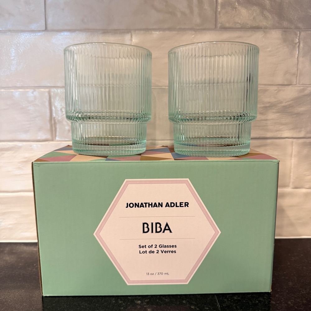 Jonathan Adler Biba Glasses Unisex 13oz Mint Green Ribbed Tiered Set of 2